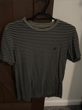 Nautica Olive Green and Black Thin Striped Crew Neck Tee